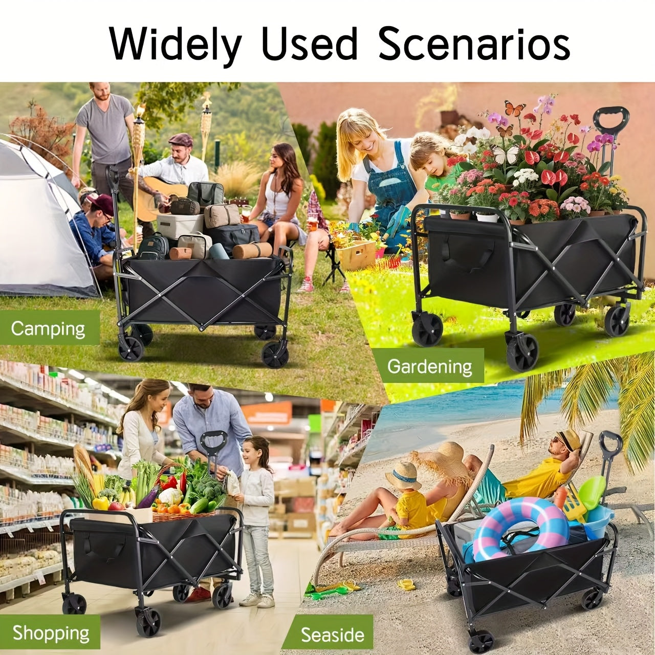 220LBS/ 450LBS/ 680LBS All-Terrain Heavy-Duty Folding Cart, Large Capacity Camper Suitable for Yard Shopping/Sports/Outdoor/Gardening Equipment Handling, Black Multifunctional Utility Cart