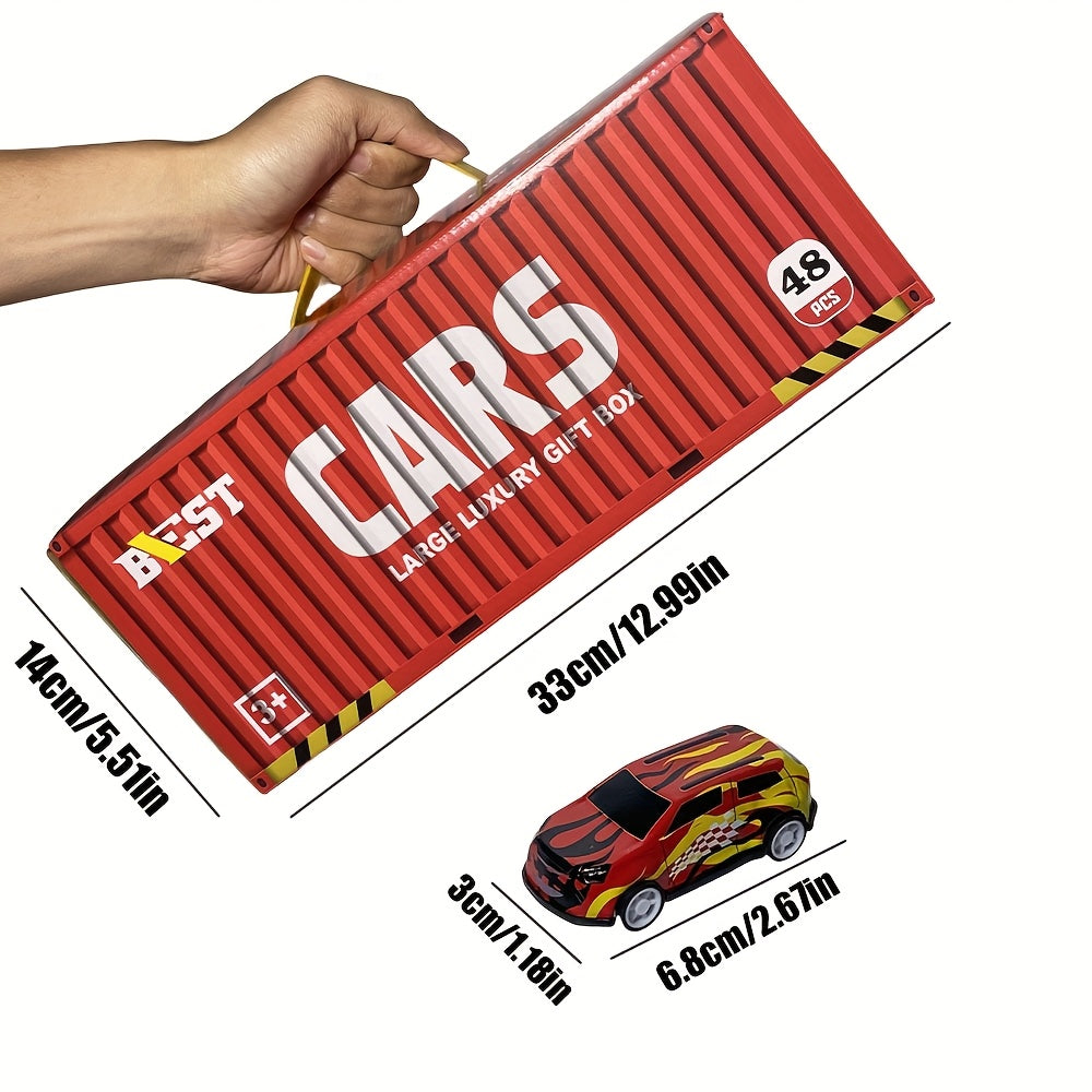 Set 48 Auto da Corsa in Miniatura – Edizione da Collezione con Mappa, Pista e Garage a 4 Piani, Giocattolo Interattivo, Ideale come Regalo per Bambini e Feste