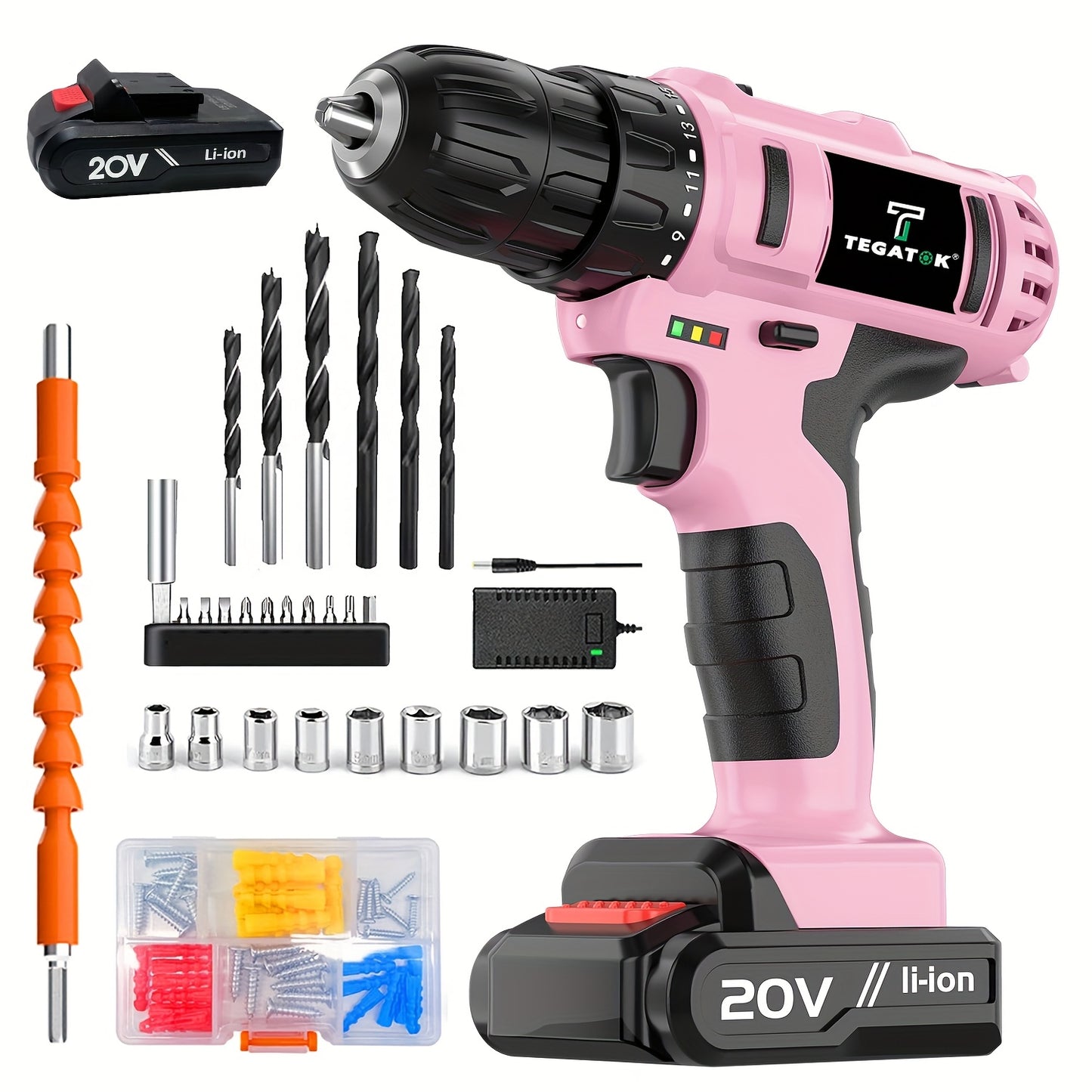 20V Cordless Drill Set, Impact Power Drill with 3/8 Inch Keyless Chuck, 18+3 Clutch Electric Drill with Work Light, Max Torque 45Nm, 2-Variable Speed &amp; 2.0AH Batteries and Fast Charger