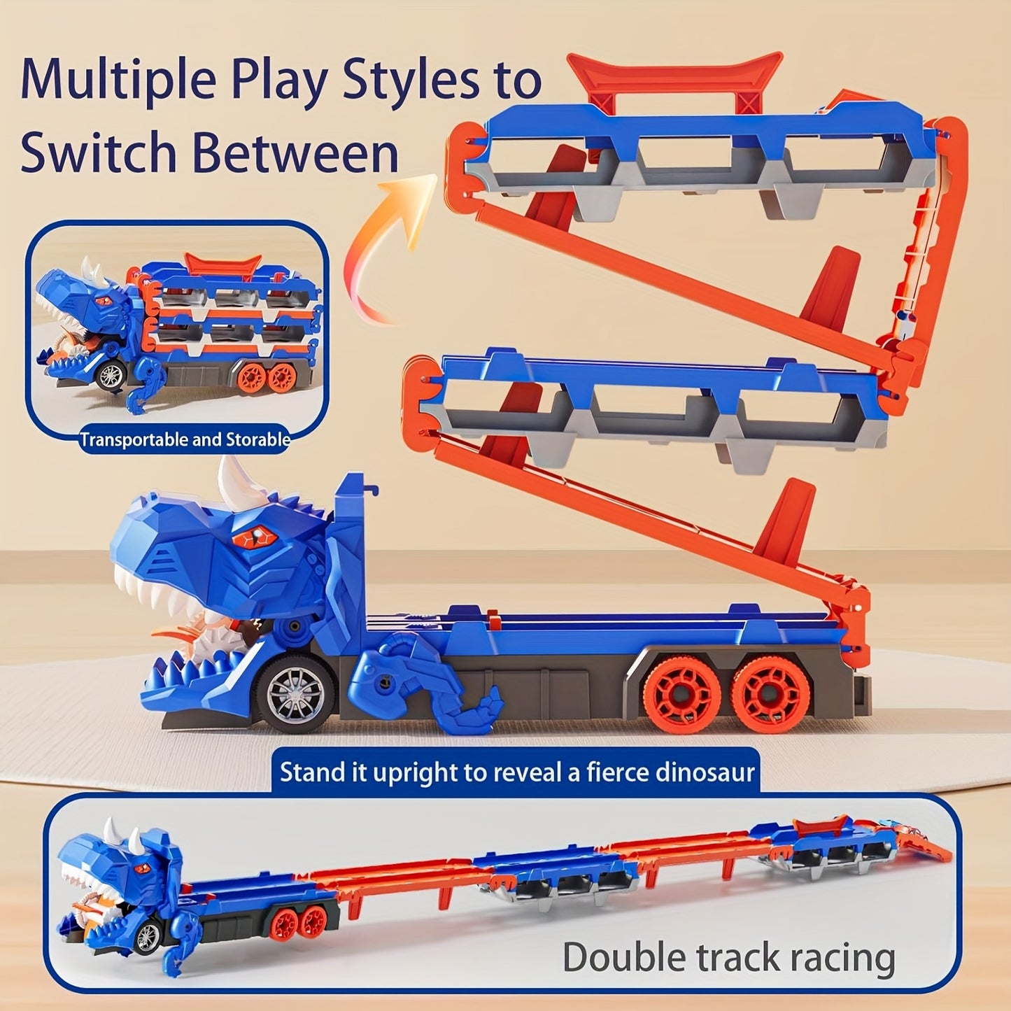 Set Pista Città per Bambini – Camion Dinosauro Trasformabile con 6 Auto, Garage Interattivo, Ideale per Bambini 3-5 Anni, Regalo di Compleanno Invernale