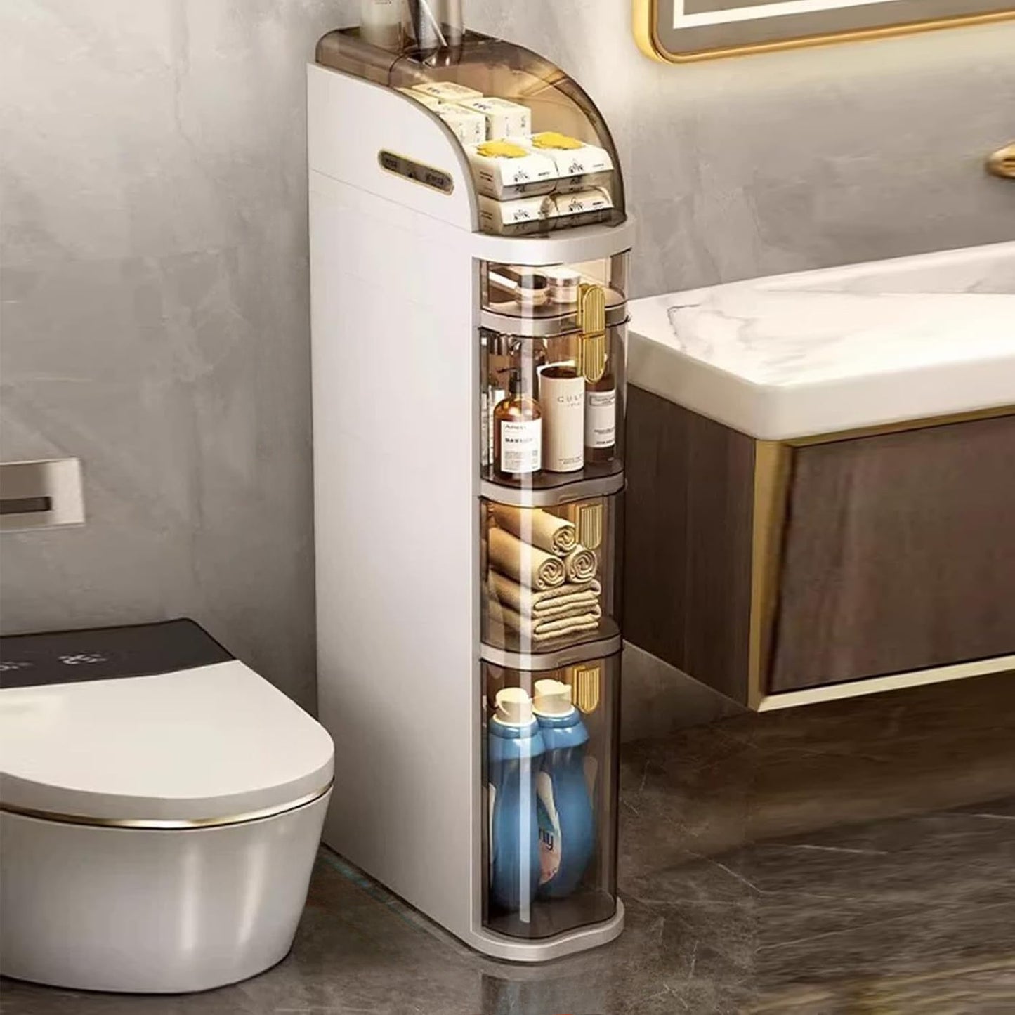 Mobiletto Bagno 4 Ripiani – Slim 7,1″ con Cassetti e Portatovaglioli, Armadietto Mobile in Plastica Impermeabile con Ruote per Bagno, Cucina, Lavanderia e Soggiorno